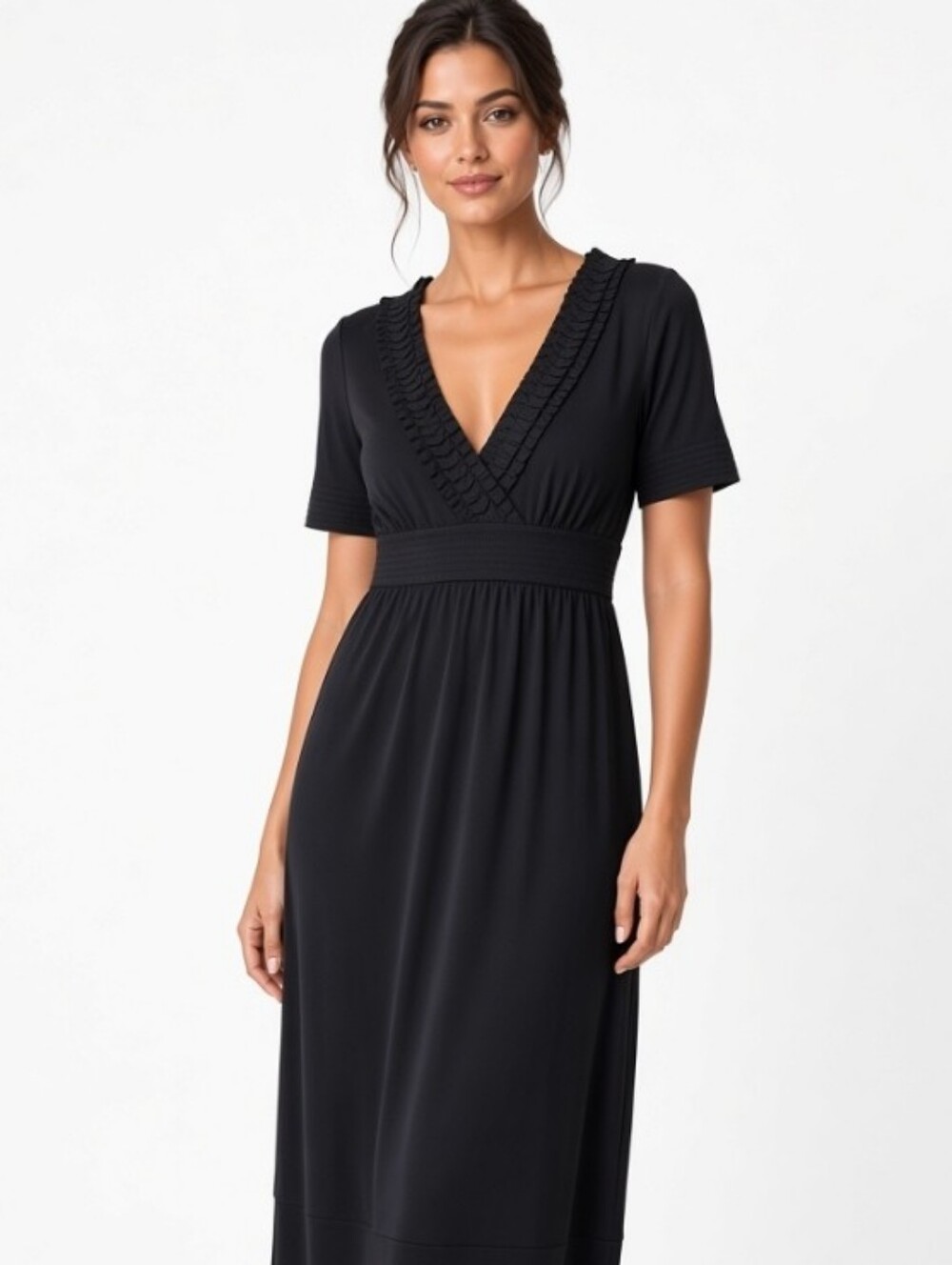 Max & Cleo Black Ruffle V-Neck Boho  Midi Dress with Waistband (Sz:10)